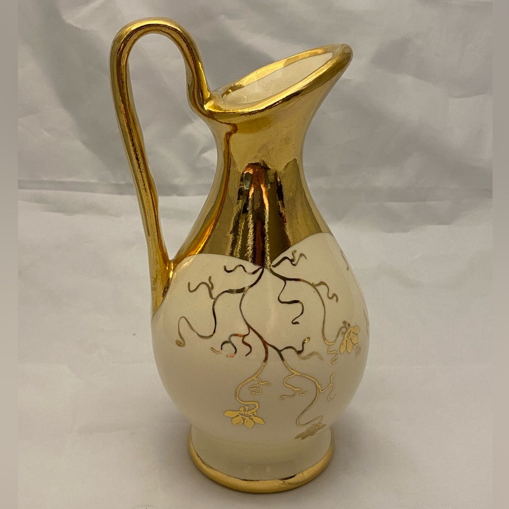 Le Noir Handpainted Small Pitcher Ewer, Ivory & Gold Trim, Vintage EUC